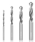 Front view of a 4-piece solid carbide drill bit set for metal; sizes 1/16, 1/8, 3/16, 1/4 in