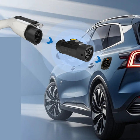 Plug And Play Type 1 To Type 2 EV Charging Adapter J1772 To IEC62196 Supports 32A connecting to an electric vehicle.