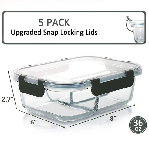 Premium Borosilicate Glass Meal Prep Containers 5 Pack with 3 Compartments and Lids, 36 oz Capacity, Dimensions 8x6x2.7 inches