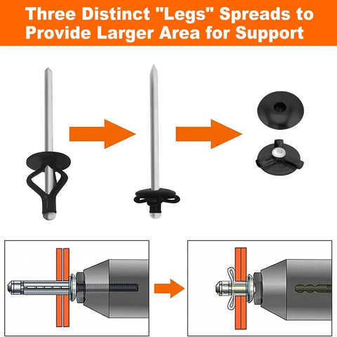 Illustration of Three Sixteenths Inch Tri Grip Rivets Set 50 Pieces Marine Aluminum with spreadable legs for support in marine use.