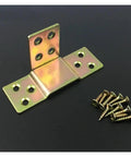 Heavy Duty Bed Hinges With Plug In Furniture Connectors Built Tough For Long Lasting Support And Dead Simple Tool Free Setup Includes 4 Pair Premium Metal Fasteners For Couches And Beds with gold screws on dark background.