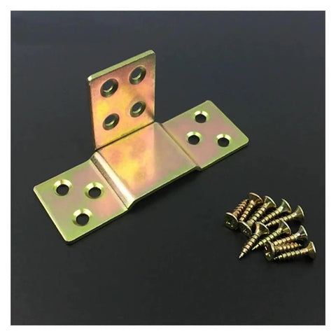 Heavy Duty Bed Hinges With Plug In Furniture Connectors Built Tough For Long Lasting Support And Dead Simple Tool Free Setup Includes 4 Pair Premium Metal Fasteners For Couches And Beds with gold screws on dark background.