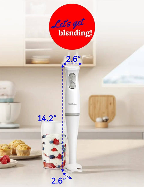 Slick Two Speed Hand Blender With Beast Mode 300W Peak Motor And Nifty 20oz Mixing Cup on kitchen counter with layered dessert.