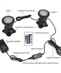 Pond Lights Color Changing Underwater RGB Lit Spotlight Kit IP68 Waterproof Submersible Fountain Lights layout with accessories.