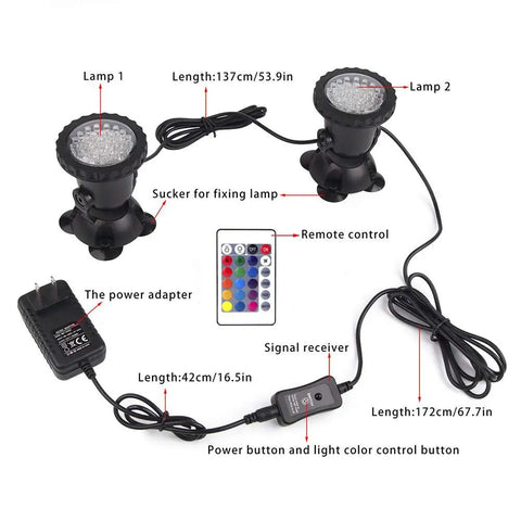 Pond Lights Color Changing Underwater RGB Lit Spotlight Kit IP68 Waterproof Submersible Fountain Lights layout with accessories.
