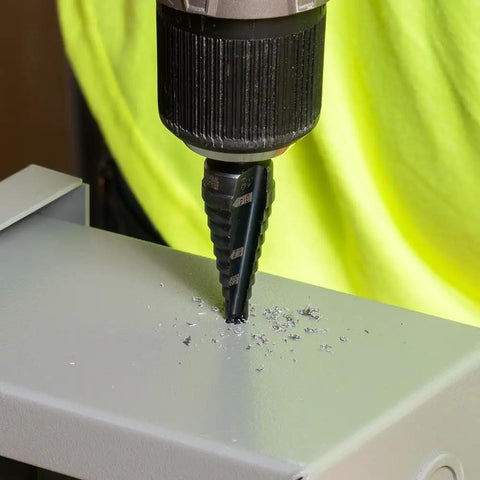Step Drill Bit Set With Double Flutes For Clean Cuts And Easy Read Markings, 1/4 To 3/4 Inch, drilling into metal surface