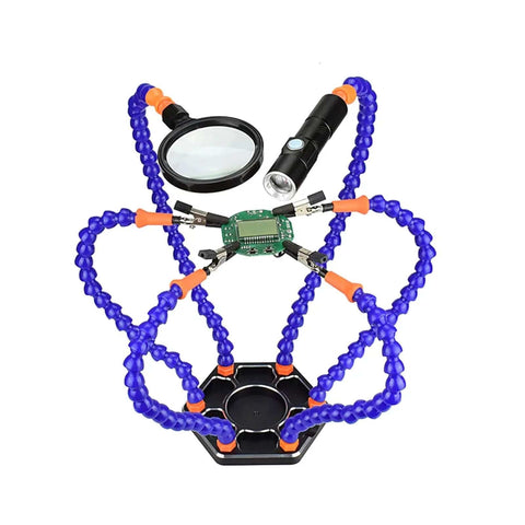 Pro Grade Third Hand Soldering Stand With Magnifier LED Light, PCB Holder, and Flexible Gooseneck Arms, 6 Pack shown assembled