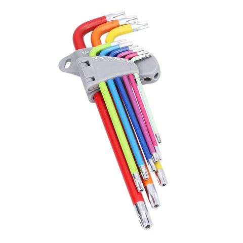 Top Notch Professional Star Hex Key Wrench Set Made From Heavy Duty Chrome Vanadium Steel Long Arm Torx Tool Kit With Zero Rebound Design For Real Mechanics And Serious DIY Projects In Sizes T10 Through T50 That Rock. Color-coded Torx key set in holder, T10-T50, chrome vanadium steel