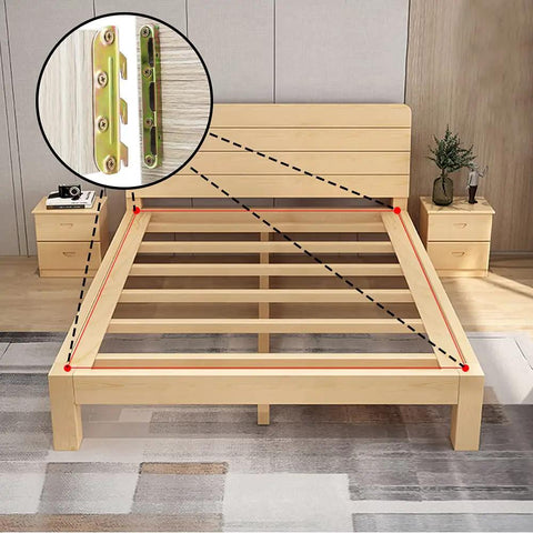 Premium Steel Bed Rail Brackets And Frame Hardware For Wooden Headboards Footboards Quick Install Kit displayed on a wooden bed frame.
