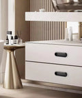 Bathroom drawer with installed Five Pack Matte Black Self Adhesive Door And Cabinet Handles 4.38 Inch Long No Drilling Required Sticky Finger Pulls