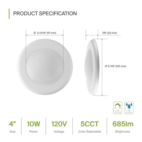 Side and front view of a 4-inch LED disk light, showing dimensions and specifications for a 6 Pack 6 Inch LED Disk Lights Dimmable Flush Mount Ceiling Fixtures, 15W 5000K Daylight, 1300 Lumen Output, CRI90, Low Profile Surface Mount Disc Lights, Junction Box or Recessed Can Install, ETL Energy Star.