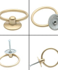 12 Piece Vintage Drop Ring Cabinet Pulls Set In Gold Finish 44mm Outer Diameter Metal Ring Knobs front and back views with mounting screws included