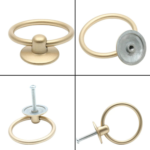 12 Piece Vintage Drop Ring Cabinet Pulls Set In Gold Finish 44mm Outer Diameter Metal Ring Knobs front and back views with mounting screws included