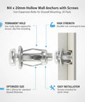 Hollow Wall Anchors M4 x 20mm Kit With Iron Expansion Bolts And Screws For Drywall Mounting, showing bolt in wall setup.