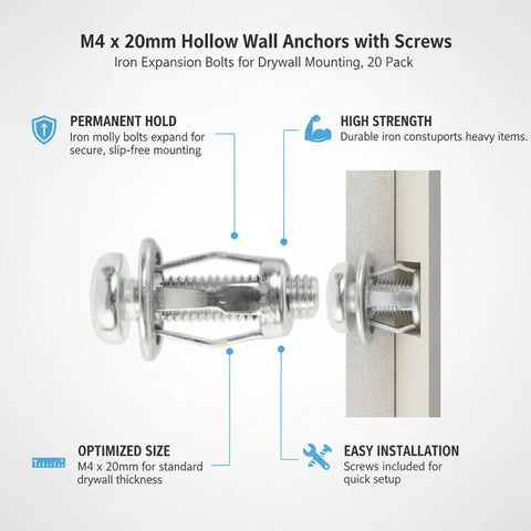 Hollow Wall Anchors M4 x 20mm Kit With Iron Expansion Bolts And Screws For Drywall Mounting, showing bolt in wall setup.