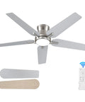 Slick 52 Inch Flush Mount Ceiling Fan With Bright Dimmable Lights And Wireless Remote Quiet Six Speed Brushed Nickel low profile design.