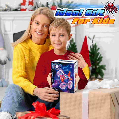 Child holding Rad Spider RC Car For Boys Aged 4 To 7, 360 Flip Monster Crawler gift box with parent in Christmas setting