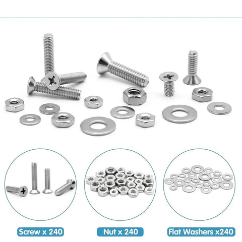 All In One 720 Piece 304 Stainless Steel Machine Screws And Nuts Kit For DIY, screws, nuts, and flat washers shown
