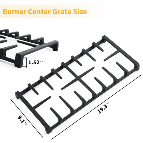 Center Stove Grate Replacement For Gas Range Cast Iron Matte Enamel 19.3 In Long By 9.1 In Wide By 1.5 In High Built To Last For Everyday Kitchen Hustle Fits Center Burner On General Electric Style Ovens JXGRATE1 Compatible Not For JXGRATE2 Or JXGRILL2 showing measurements