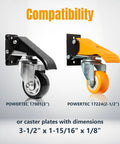 Compatibility of Four Pack Quick Release Workbench Caster Plates with different caster sizes shown in image