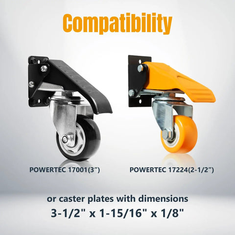 Compatibility of Four Pack Quick Release Workbench Caster Plates with different caster sizes shown in image