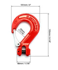 2 Pack Grade 80 Drop Forged Alloy Steel Clevis Sling Hooks With Latch 3/8 Inch Safety Chain Swivel Connectors 6944 Lbs Working Load Limit, red hooks with dimensions.