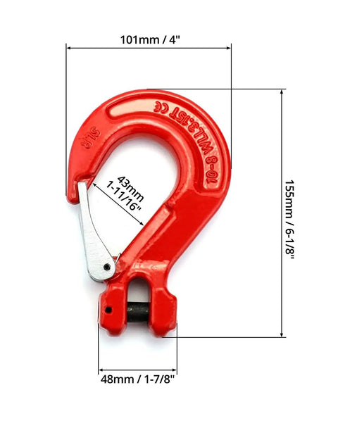 2 Pack Grade 80 Drop Forged Alloy Steel Clevis Sling Hooks With Latch 3/8 Inch Safety Chain Swivel Connectors 6944 Lbs Working Load Limit, red hooks with dimensions.