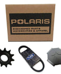 Oem 4016041 Onboard Refresh Charger For Polaris Ranger Utv Models components including cog wheel, belt, and cap against a Polaris box.
