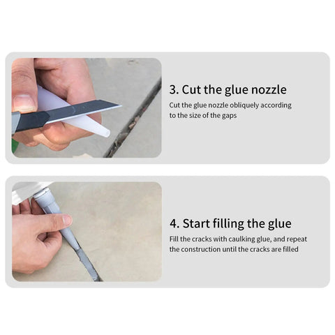 Person cutting glue nozzle and filling cracks using Crack Repair Sealant For Concrete And Surfaces 500Ml Quick Dry Bonding Agent