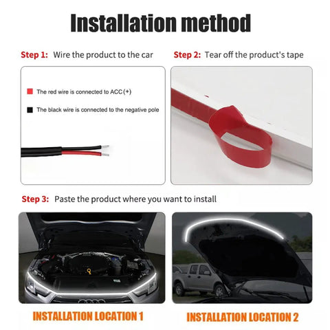 Dynamic Car Hood Light Strip For Cars And Trucks installation guide showing wiring connections and placement on hood edge