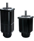 Front view of two black servo motors with ribbed heatsink housings and silver mounting flanges.
