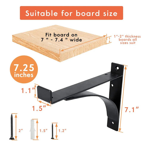 Heavy Duty Shelf Brackets 14 Inch L Shaped 6 Pack Black Powder Coated Rustproof Anti Scratch Super Strong Floating Shelf Brackets For Solid Load Bearing with dimensions and board fit details