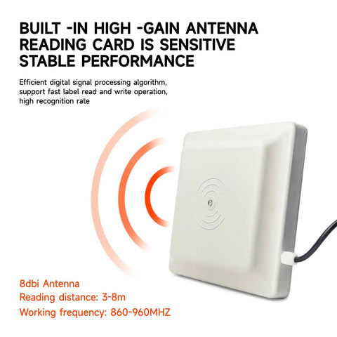 Side view of Workhorse Long Range UHF RFID Reader USB RS485 Wiegand 26 And 34 IP67 Waterproof showing 8dBi antenna.
