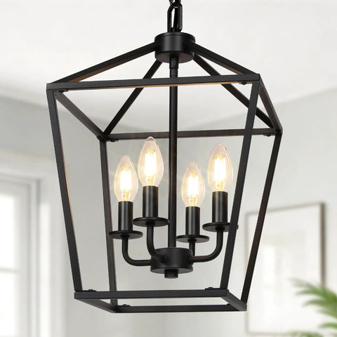 Dope Industrial Black Lantern Chandelier With Farmhouse Metal Cage, 4 Light Rustic Hanging Ceiling Fixture in living room