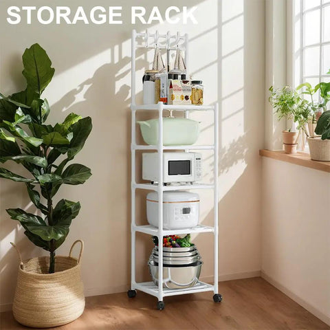 The Real Deal Five Tier Storage Rack Heavy Duty Metal Shelving Unit With Smooth Rolling Casters Rust Resistant Black Finish Built Tough For Zero Hassle Garage And Versatile Organization, slim white metal shelf with kitchen items.