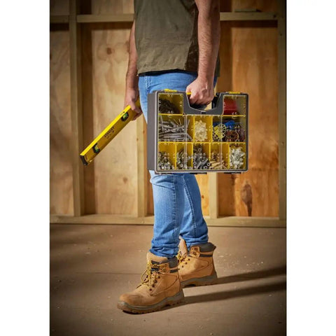 Person holding Deep Pro Organizer Tool Box With Locking Lid And Crystal Clear Cover Built Tough As Nails Heavy Duty Tool Storage Case