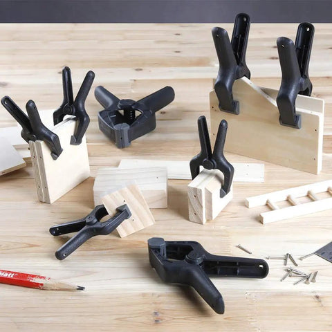 14 Piece Nylon Spring Clamp Set for Photography, Woodworking and Crafts, various sizes, black and grey, holding wooden pieces