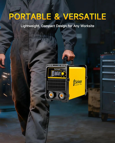 Dual Voltage Stick Welder 110V And 220V 200A Portable Arc Inverter with LED Display carried by man in workshop