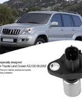 Street Ready Crankshaft Position Sensor Replaces OEM 9091905005 for Toyota Kjz90 in front of a silver Land Cruiser.