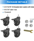Smooth Rolling 3 Inch Swivel Caster Wheels With 5 16 18 Threaded Stem Set Of 4 Heavy Duty dual brake casters and hardware package.