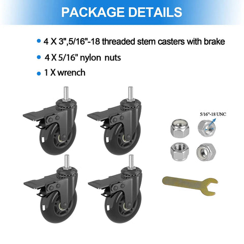 Smooth Rolling 3 Inch Swivel Caster Wheels With 5 16 18 Threaded Stem Set Of 4 Heavy Duty dual brake casters and hardware package.
