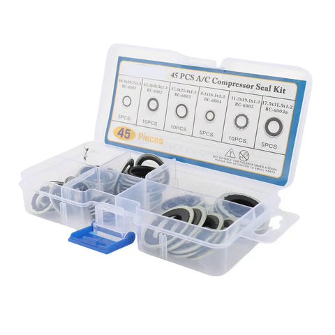 45 Piece Pro Grade AC Compressor Gasket Kit With Six Sizes Automotive Air Conditioning Port Seal Washer Set in clear divided box