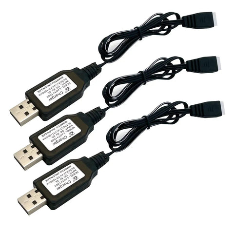 Three Pack 7.4V 2S LiPo Battery USB Charger Cable 1A Fast Charge With XH 3P Connector lined up on white background