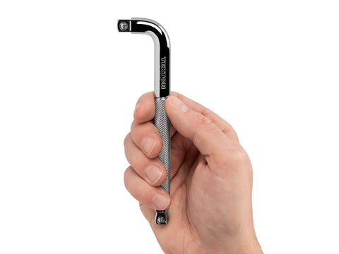 Hand holding Three Eighth Inch Drive Six Inch Wobble L Handle Socket Wrench Heavy Duty High Torque Tool For Tight Spots And Flexible Access