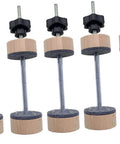 5-piece 9.8 Inch Guitar Making Spool Clamp Set for Crack Repair, wooden spools with cork lining, shown upright with adjustable knobs.