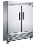 Straight Up Two Door Commercial Reach In Freezer Upright Auto Defrost Design with stainless steel exterior and bottom mount condenser.