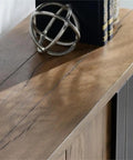 Top Tier 94 Inch Reclaimed Oak Wood Sideboard Buffet Cabinet Magnetic Doors Built In Wire Management Sturdy Open Shelving top detail