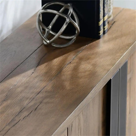 Top Tier 94 Inch Reclaimed Oak Wood Sideboard Buffet Cabinet Magnetic Doors Built In Wire Management Sturdy Open Shelving top detail