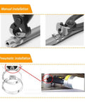 Installation of 10 Pack CV Boot Clamps Kit With Stainless Steel Banding Tool, showing manual and pneumatic methods.