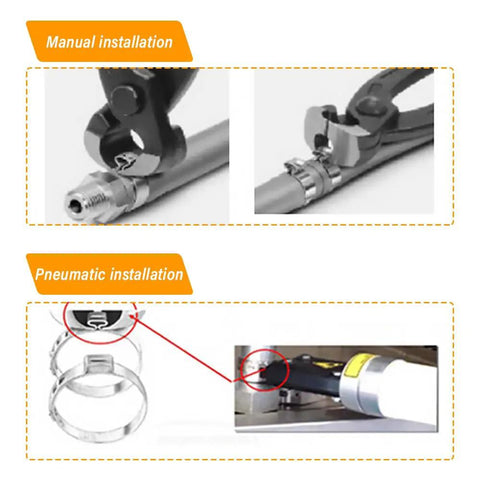 Installation of 10 Pack CV Boot Clamps Kit With Stainless Steel Banding Tool, showing manual and pneumatic methods.